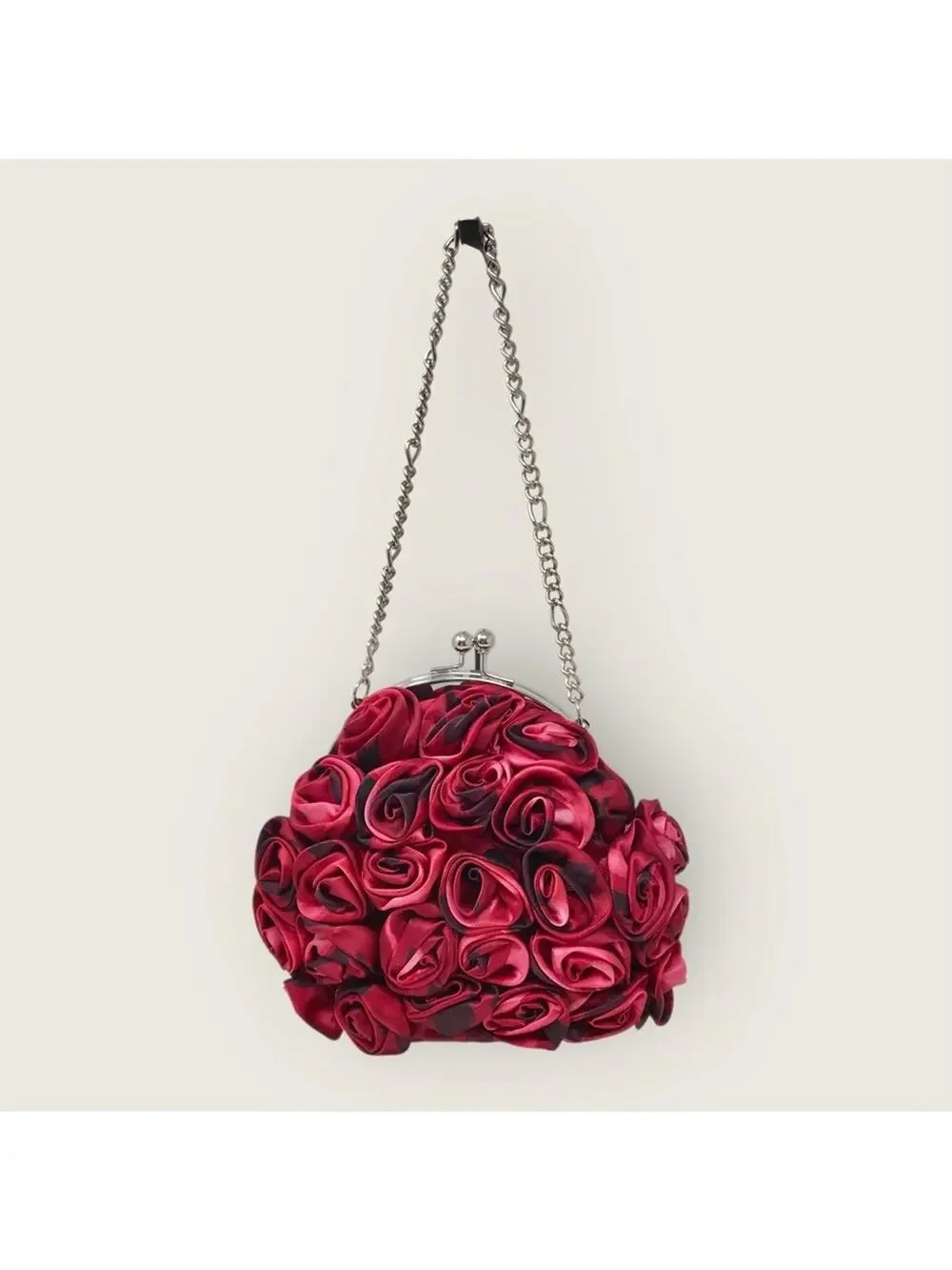 WHBM Rose Embellished Clutch Purse Small Pink & Red Floral Satin Handbag - Picture 1 of 9